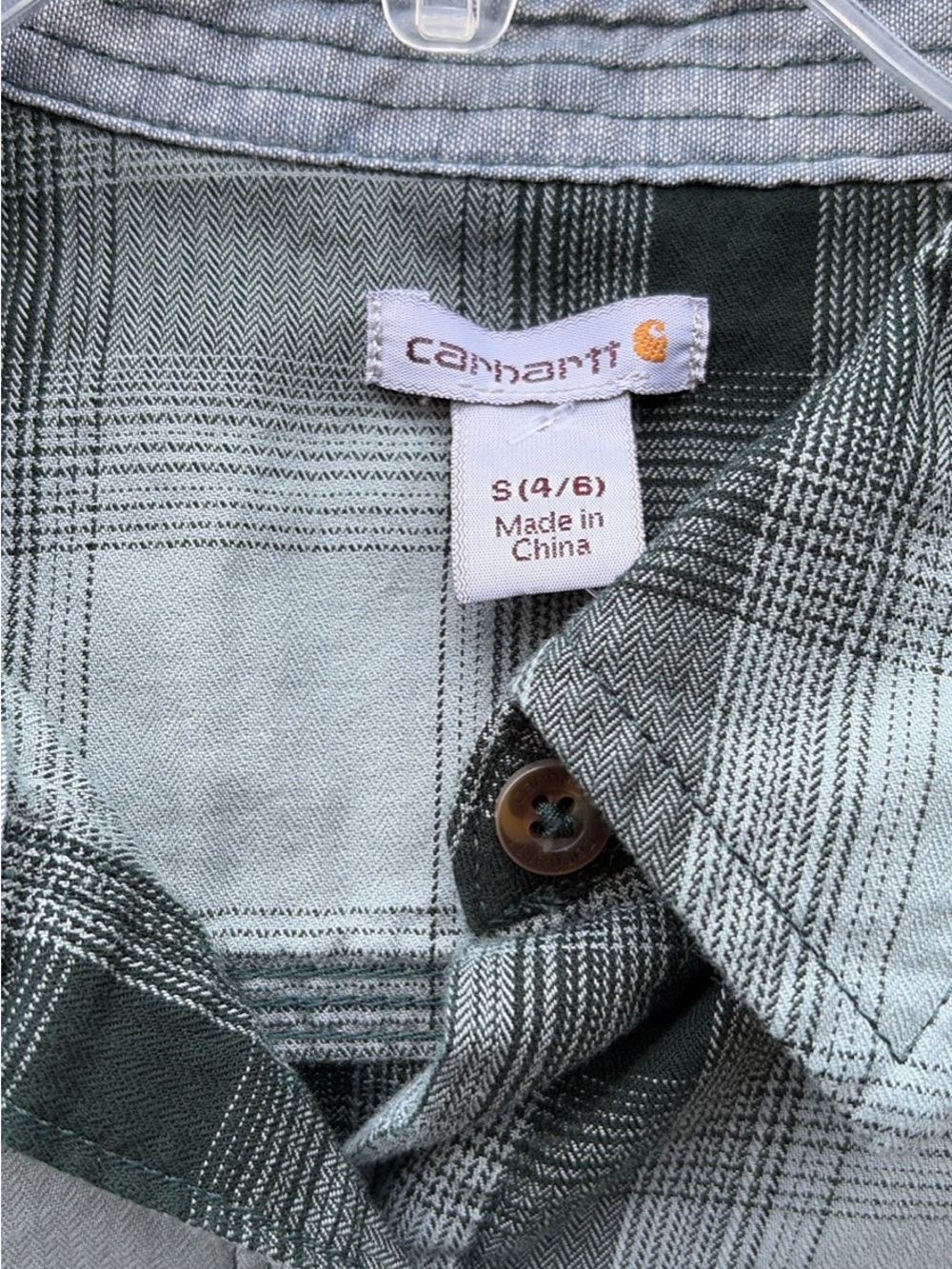 Carhartt Men's Light Green and Dark Green Plaid Button-Down Shirt